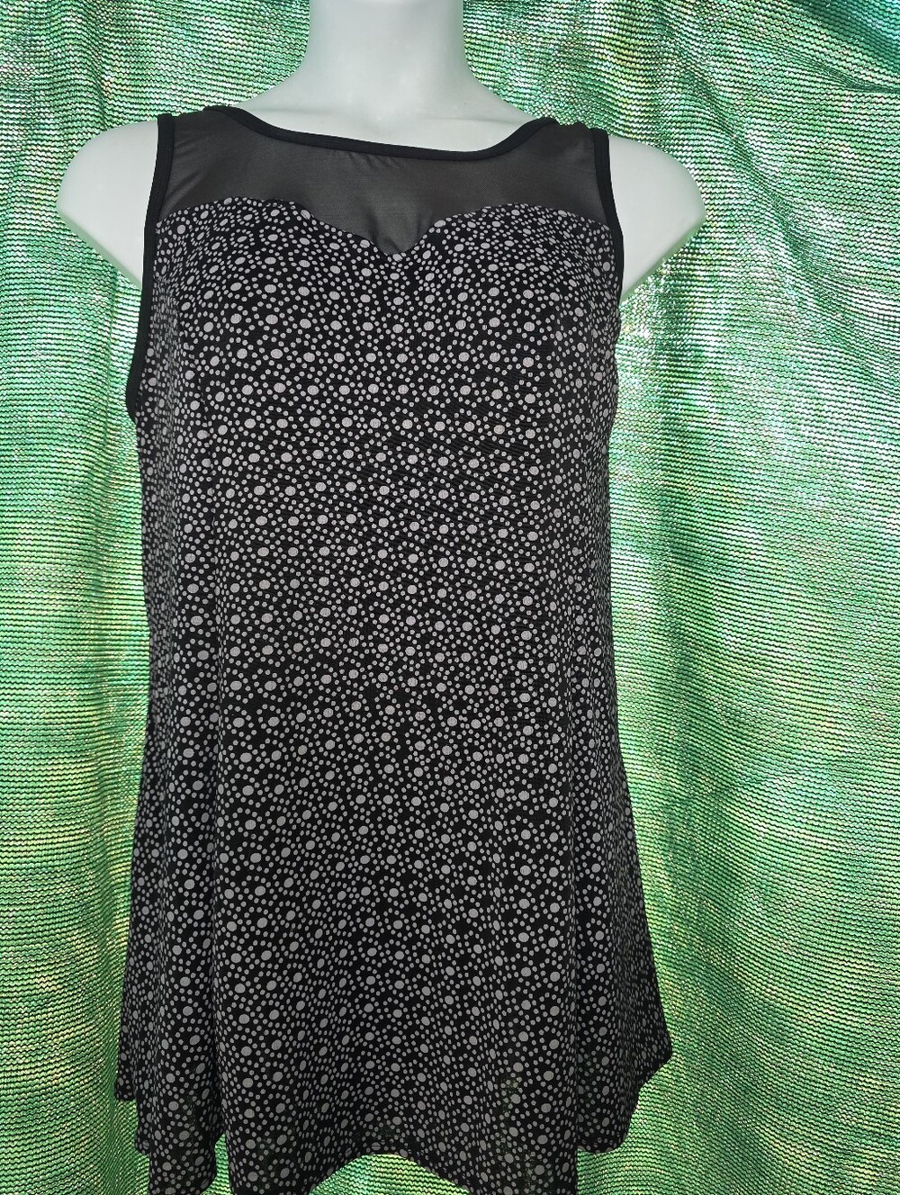 Plus Size 20 2x Black Mesh Yoke Polka Dot Swimsuit Swim Dress One piece